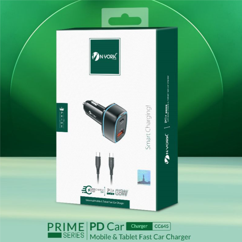 NYORK PRIME DUAL CC-645 - 38W USB AND PD PORT WITH TYPE-C TO TYPE-C CAR CHARGER (ONE YEAR WARRANTY)