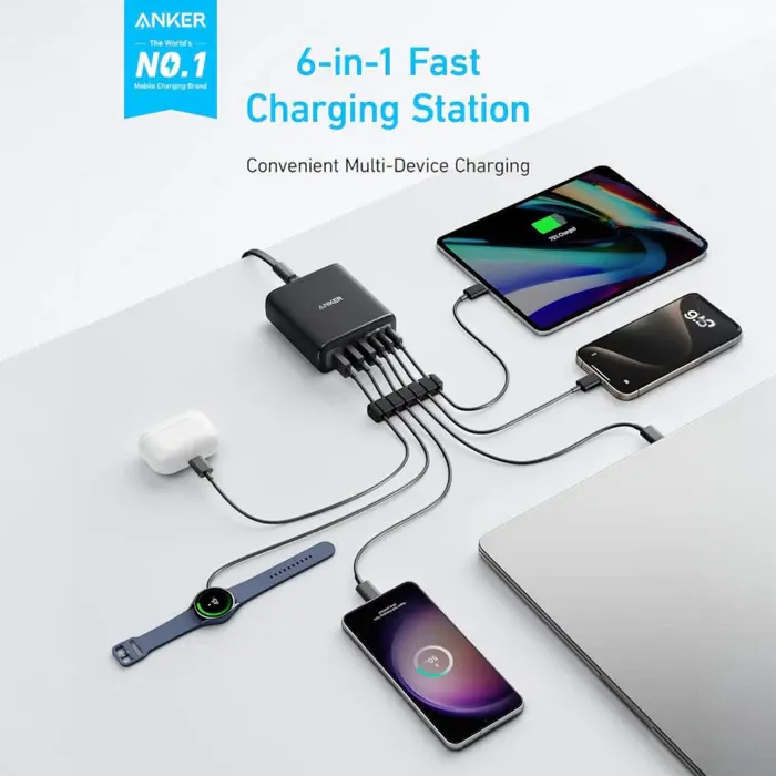 Anker 112W 6 Ports Multi-Device GaN Charger | 3 USB-C , 3 USB-A | Fast Charging | A2154K11 - Black