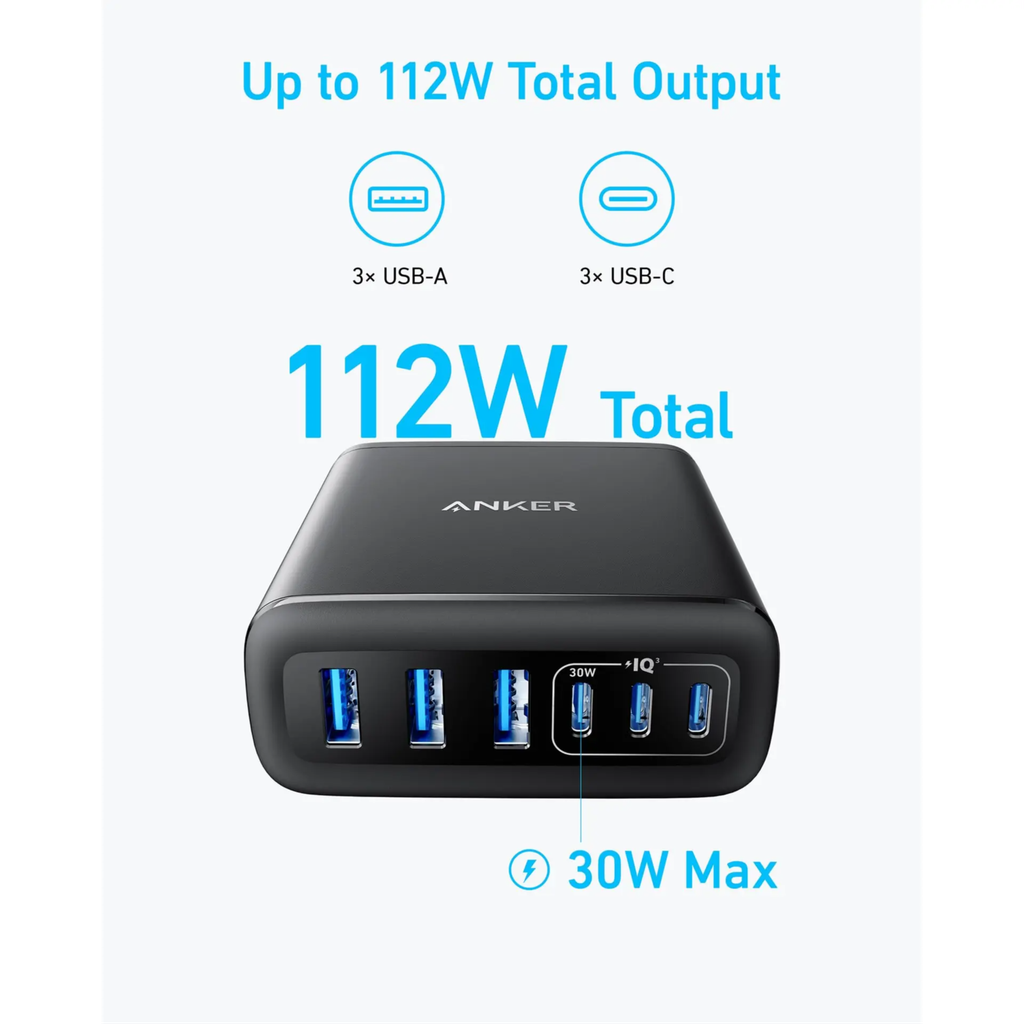 Anker 112W 6 Ports Multi-Device GaN Charger | 3 USB-C , 3 USB-A | Fast Charging | A2154K11 - Black