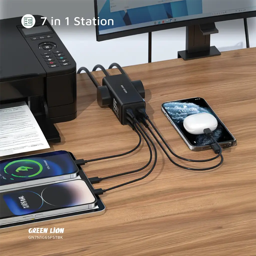 Green Lion 7 In 1 GaN 65W Power Strip - Black