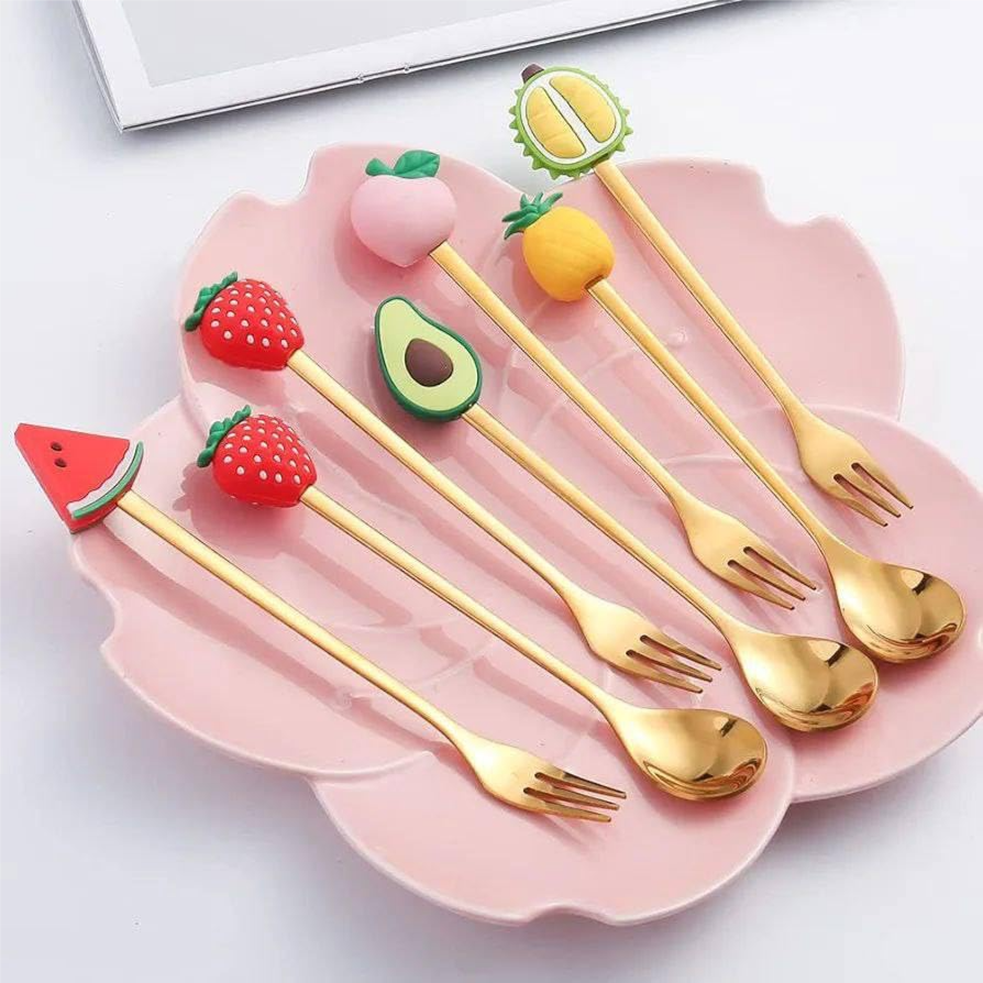 Spoon and Fork set Cute Fruit Dessert Spoon Fork Mix 3 Pieces Coffee Scoops And 3 Piece Dessert Forks