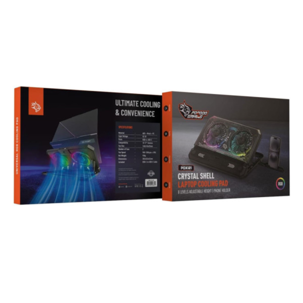 Porodo Gaming Crystal Shell Laptop Cooling Pad with Phone Holder-PDX121