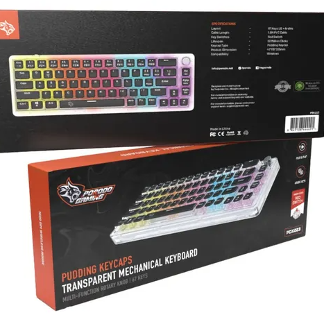 Porodo Gaming Pudding Keycaps Transparent Mechanical Keyboard Multi-Function Rotary Knob With 67Key