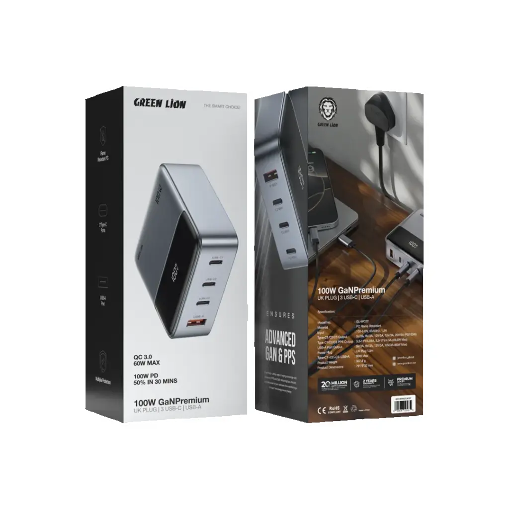 Green Lion 100W Charging Adapter Gan Premium Uk Plug Adapter