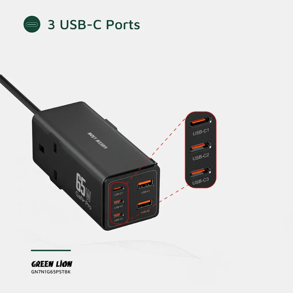 Green Lion 7 In 1 GaN 65W Power Strip - Black