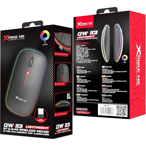 xtrike me GW-113 Wireless Dual Modes Mouse, Ergonomic Design, Adjustable DPI, Silent Clicks, Rechargeable Battery, Windows/Mac/Android Compatible, Lightweight, Black
