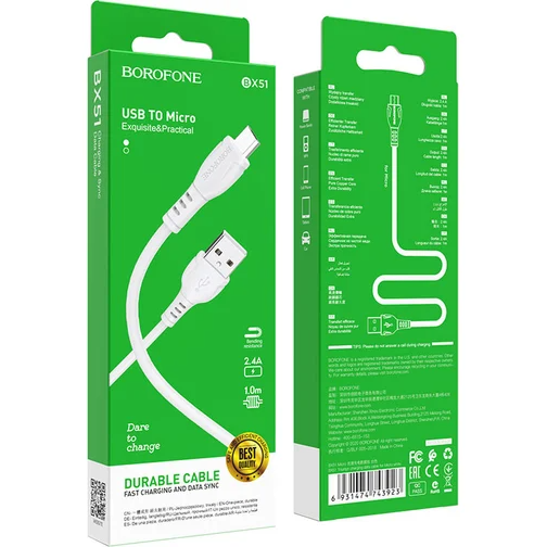 Borofone USB cable BX51 AM-microBM, 1 meter, 2.4A, white