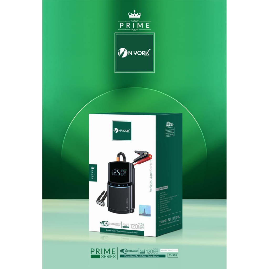 NYORK CAR JUMP STARTER & AIR COMPRESSOR 4 IN 1 MULTIFUNCTION - 12000 mAh POWER BANK (ONE YEAR WARRANTY)