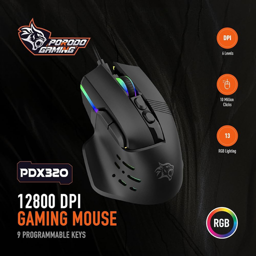 Porodo Gaming 9D Wired Mouse DPI 12800 with 13 Modes RGB Light - Black