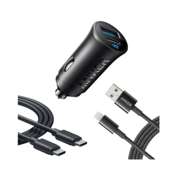 Anker Ultra Compact 30W Car Charger with Type C and USB Lightning Cables Black