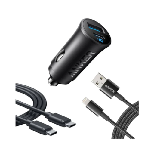Anker Ultra Compact 30W Car Charger with Type C and USB Lightning Cables Black