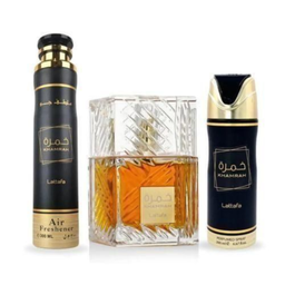 Lattafa Khamrah Gift Set Containing EDP 100ml, Body Spray 200ml And Air Freshener 300ml